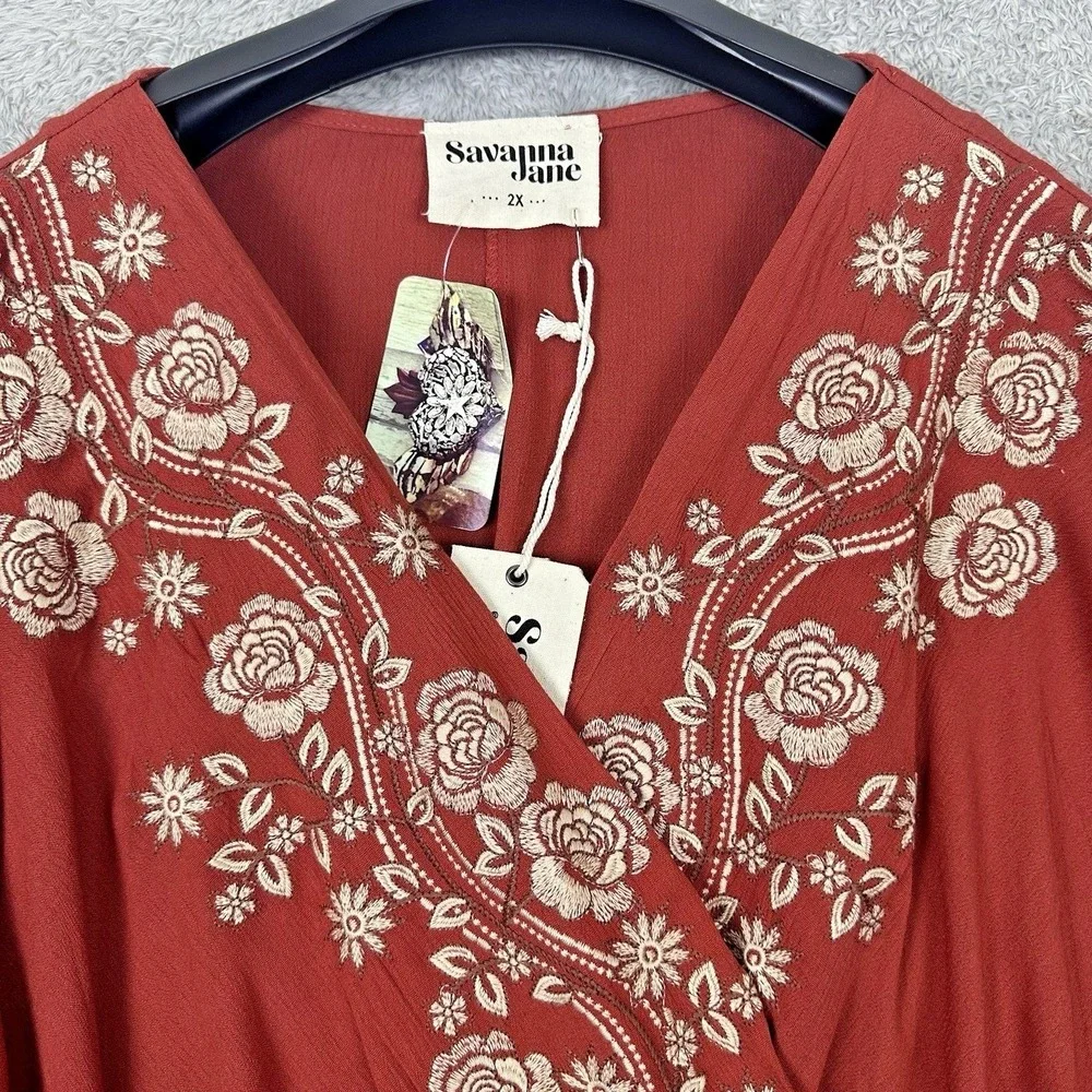 Savanna Jane 2X Embroidered Boho Romanticcore Festival Peplum Blouse Rust Red - Picture 12 of 14